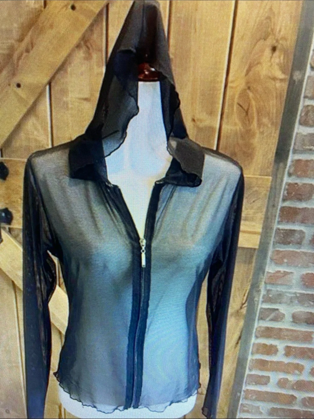 Sheer Hooded Zip-Front Women's Top in Black